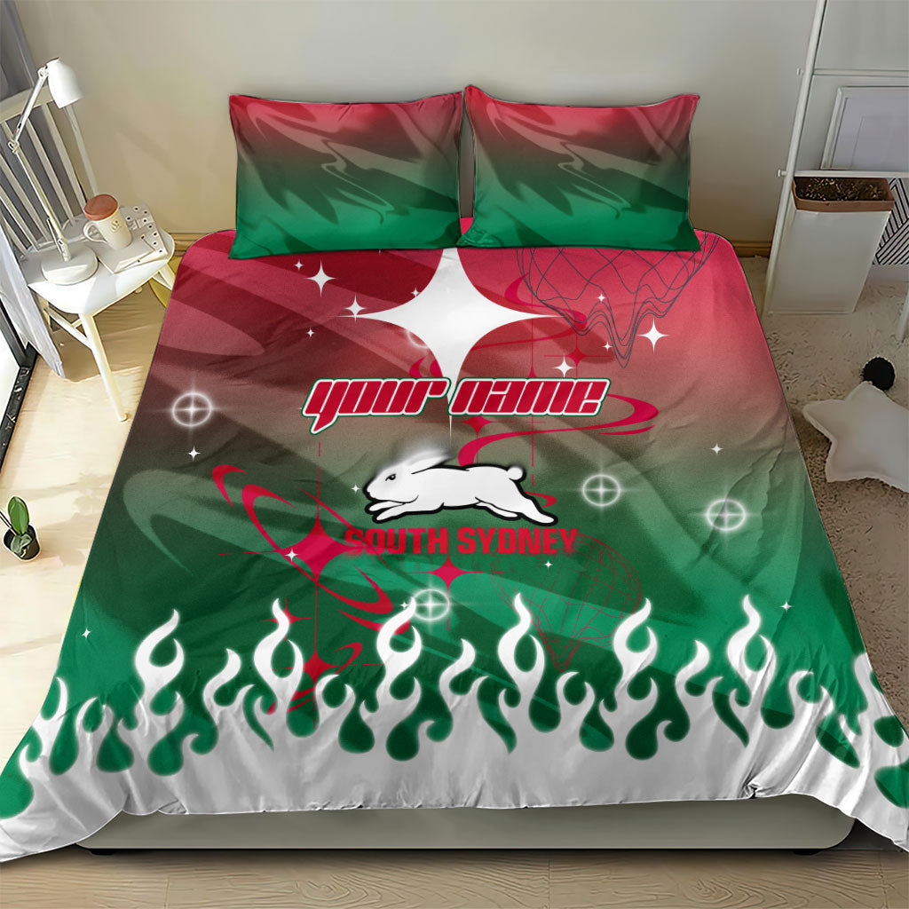 Personalized South Sydney Rabbitohs Bedding Set Y2K Grunge Aesthetic With Cyber Flames and Starburst Graphics