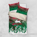 Personalized South Sydney Rabbitohs Bedding Set Y2K Grunge Aesthetic With Cyber Flames and Starburst Graphics