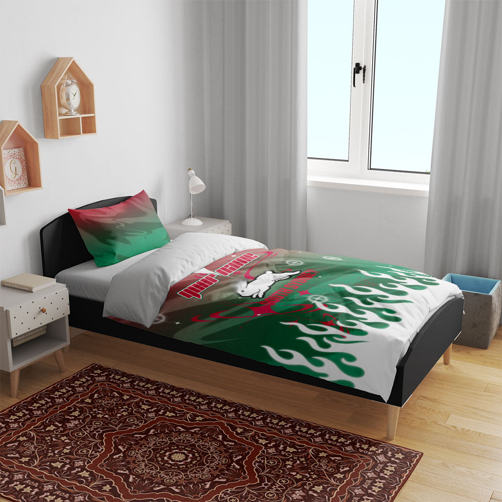 Personalized South Sydney Rabbitohs Bedding Set Y2K Grunge Aesthetic With Cyber Flames and Starburst Graphics