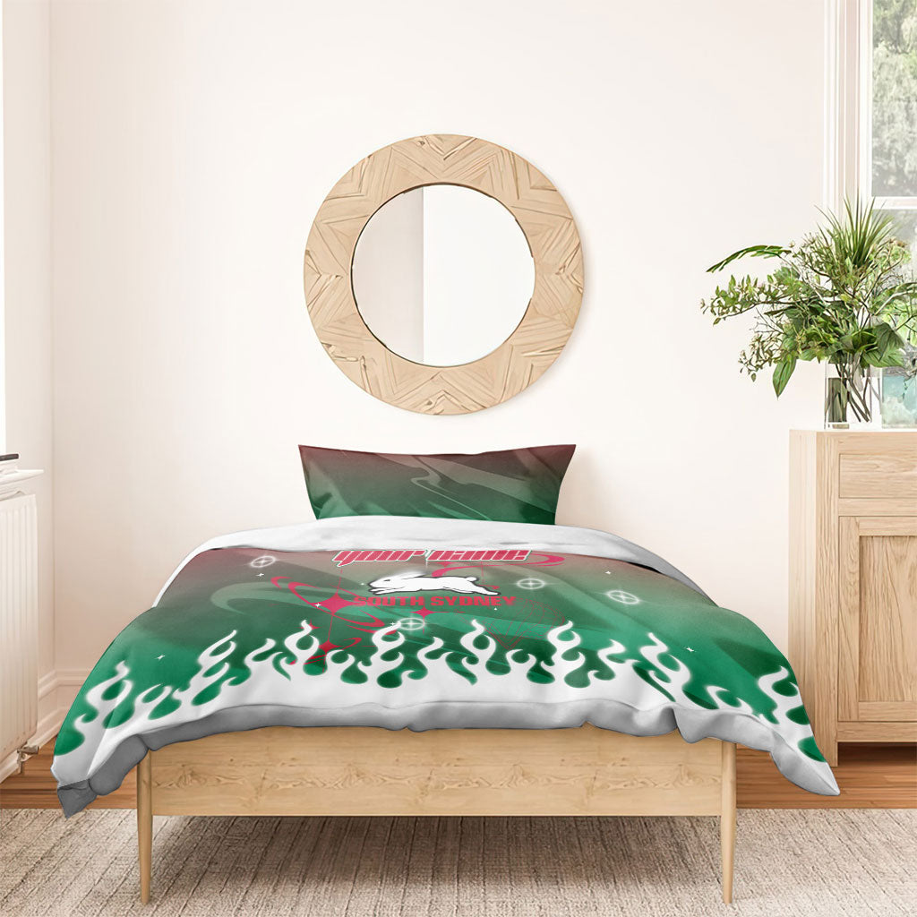 Personalized South Sydney Rabbitohs Bedding Set Y2K Grunge Aesthetic With Cyber Flames and Starburst Graphics