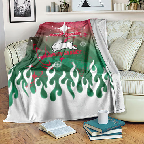 Personalized South Sydney Rabbitohs Blanket Y2K Grunge Aesthetic With Cyber Flames and Starburst Graphics