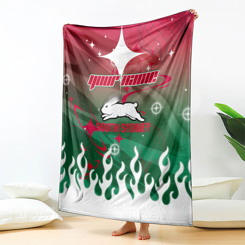 Personalized South Sydney Rabbitohs Blanket Y2K Grunge Aesthetic With Cyber Flames and Starburst Graphics