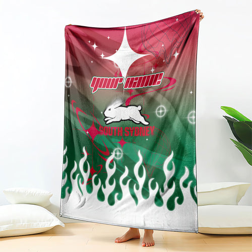 Personalized South Sydney Rabbitohs Blanket Y2K Grunge Aesthetic With Cyber Flames and Starburst Graphics
