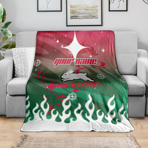 Personalized South Sydney Rabbitohs Blanket Y2K Grunge Aesthetic With Cyber Flames and Starburst Graphics