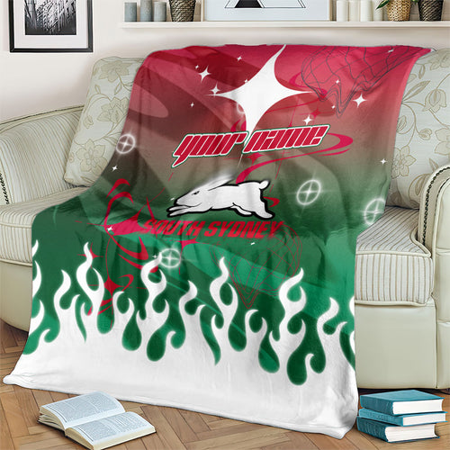 Personalized South Sydney Rabbitohs Blanket Y2K Grunge Aesthetic With Cyber Flames and Starburst Graphics