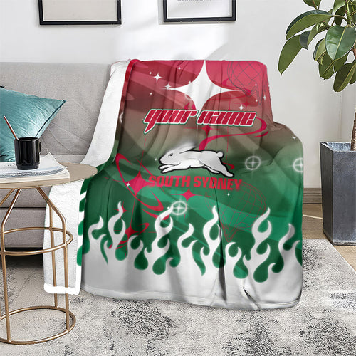 Personalized South Sydney Rabbitohs Blanket Y2K Grunge Aesthetic With Cyber Flames and Starburst Graphics