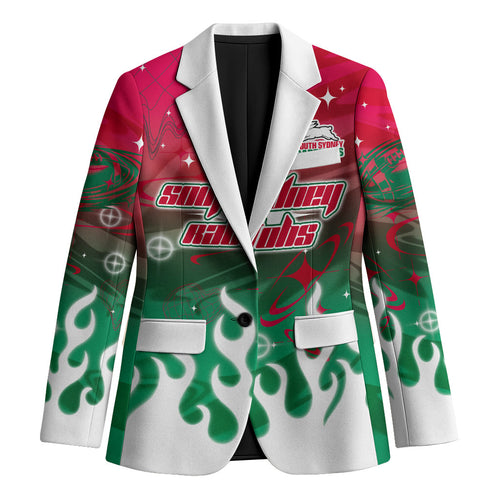 Personalized South Sydney Rabbitohs Blazer Y2K Grunge Aesthetic With Cyber Flames and Starburst Graphics