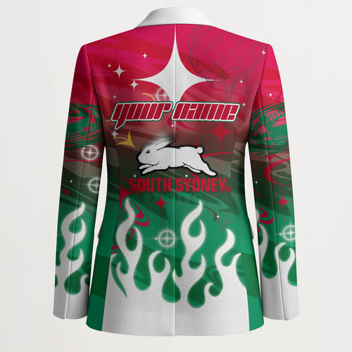 Personalized South Sydney Rabbitohs Blazer Y2K Grunge Aesthetic With Cyber Flames and Starburst Graphics