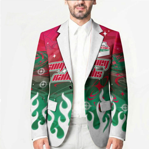 Personalized South Sydney Rabbitohs Blazer Y2K Grunge Aesthetic With Cyber Flames and Starburst Graphics