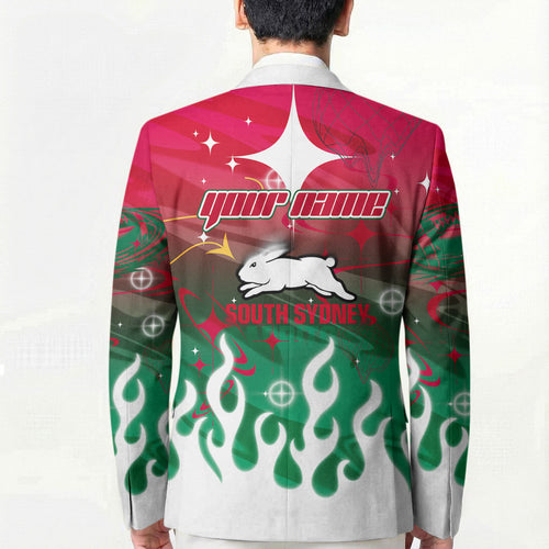 Personalized South Sydney Rabbitohs Blazer Y2K Grunge Aesthetic With Cyber Flames and Starburst Graphics