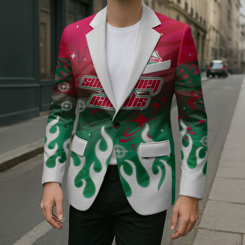 Personalized South Sydney Rabbitohs Blazer Y2K Grunge Aesthetic With Cyber Flames and Starburst Graphics