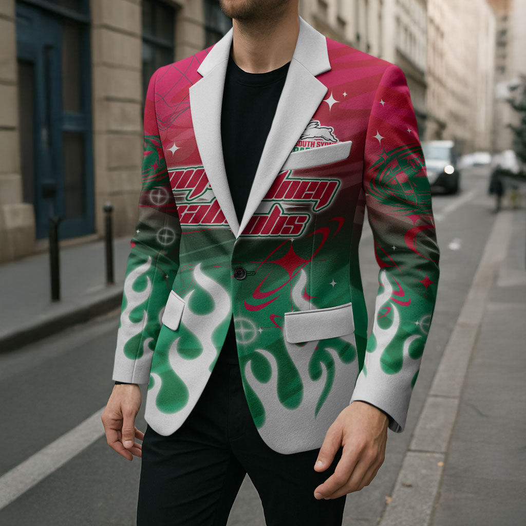 Personalized South Sydney Rabbitohs Blazer Y2K Grunge Aesthetic With Cyber Flames and Starburst Graphics