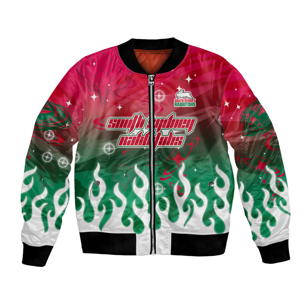 Personalized South Sydney Rabbitohs Bomber Jacket Y2K Grunge Aesthetic With Cyber Flames and Starburst Graphics