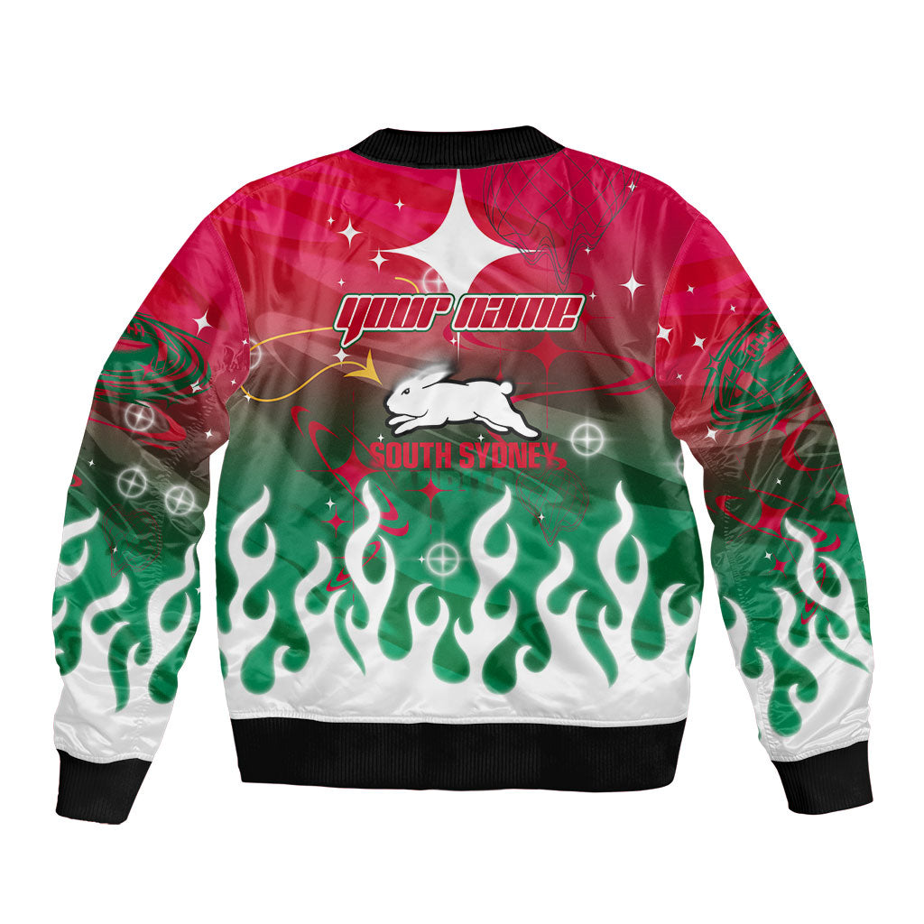 Personalized South Sydney Rabbitohs Bomber Jacket Y2K Grunge Aesthetic With Cyber Flames and Starburst Graphics