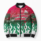 Personalized South Sydney Rabbitohs Bomber Puffer Jacket Y2K Grunge Aesthetic With Cyber Flames and Starburst Graphics