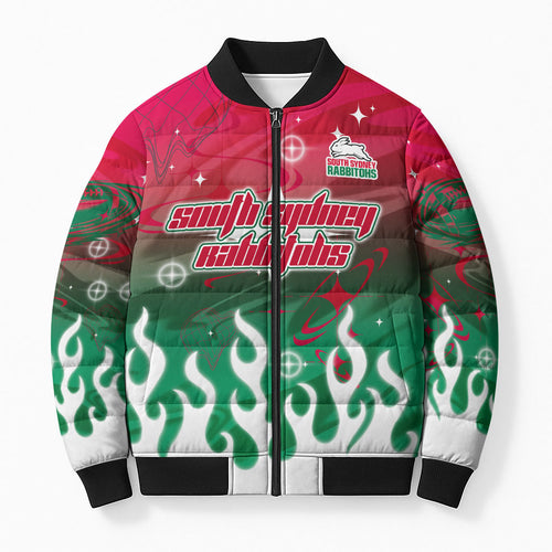 Personalized South Sydney Rabbitohs Bomber Puffer Jacket Y2K Grunge Aesthetic With Cyber Flames and Starburst Graphics