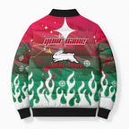 Personalized South Sydney Rabbitohs Bomber Puffer Jacket Y2K Grunge Aesthetic With Cyber Flames and Starburst Graphics