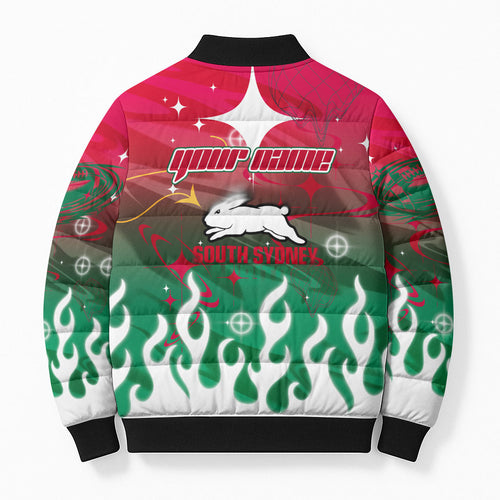 Personalized South Sydney Rabbitohs Bomber Puffer Jacket Y2K Grunge Aesthetic With Cyber Flames and Starburst Graphics