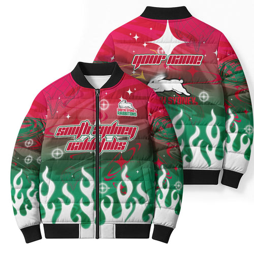 Personalized South Sydney Rabbitohs Bomber Puffer Jacket Y2K Grunge Aesthetic With Cyber Flames and Starburst Graphics