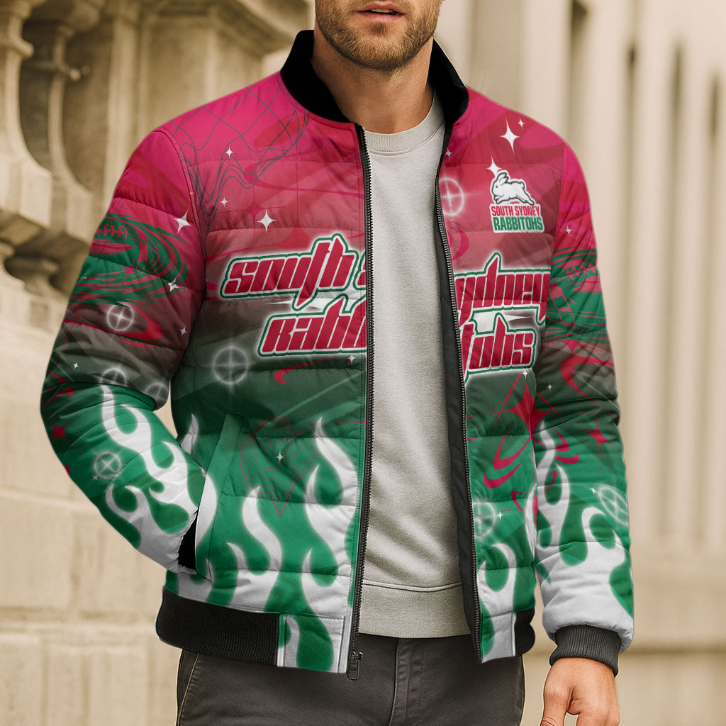 Personalized South Sydney Rabbitohs Bomber Puffer Jacket Y2K Grunge Aesthetic With Cyber Flames and Starburst Graphics