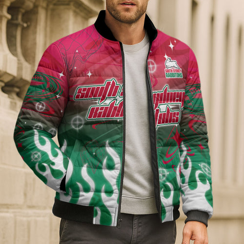Personalized South Sydney Rabbitohs Bomber Puffer Jacket Y2K Grunge Aesthetic With Cyber Flames and Starburst Graphics