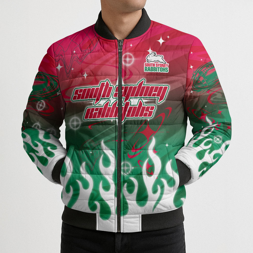 Personalized South Sydney Rabbitohs Bomber Puffer Jacket Y2K Grunge Aesthetic With Cyber Flames and Starburst Graphics