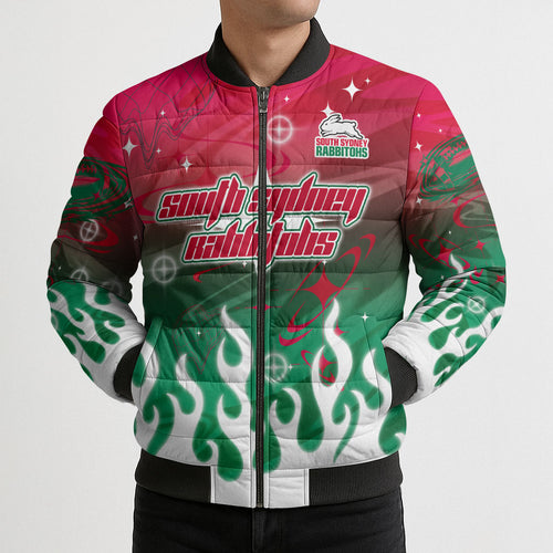 Personalized South Sydney Rabbitohs Bomber Puffer Jacket Y2K Grunge Aesthetic With Cyber Flames and Starburst Graphics