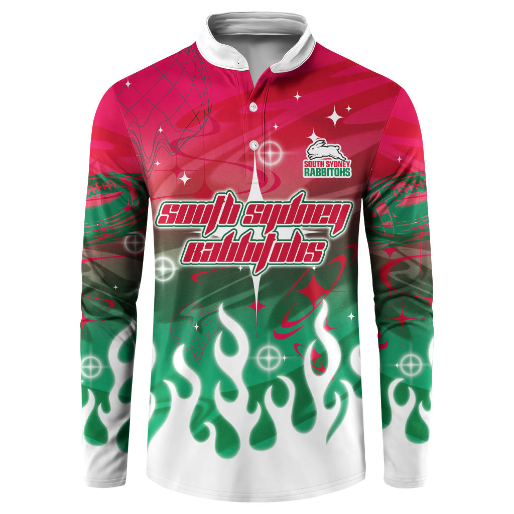 Personalized South Sydney Rabbitohs Button Sweatshirt Y2K Grunge Aesthetic With Cyber Flames and Starburst Graphics