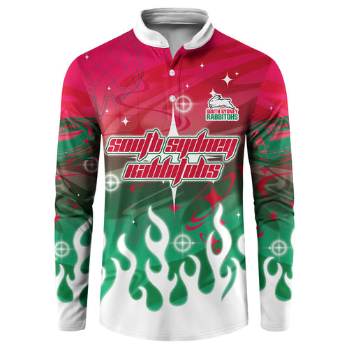 Personalized South Sydney Rabbitohs Button Sweatshirt Y2K Grunge Aesthetic With Cyber Flames and Starburst Graphics