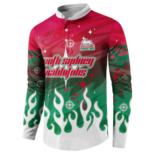 Personalized South Sydney Rabbitohs Button Sweatshirt Y2K Grunge Aesthetic With Cyber Flames and Starburst Graphics