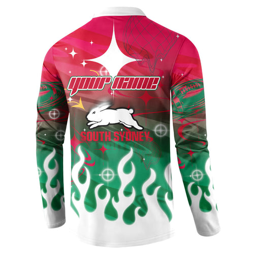 Personalized South Sydney Rabbitohs Button Sweatshirt Y2K Grunge Aesthetic With Cyber Flames and Starburst Graphics