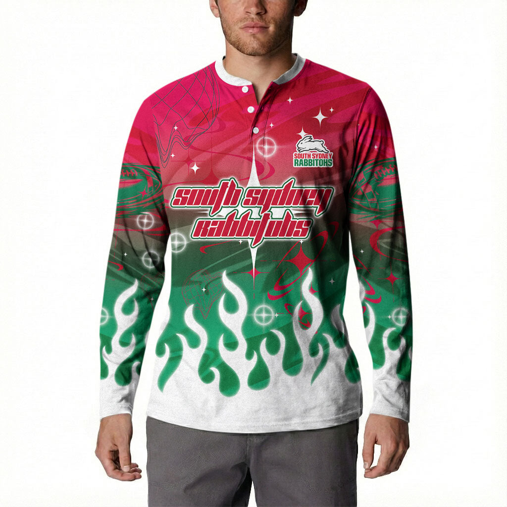 Personalized South Sydney Rabbitohs Button Sweatshirt Y2K Grunge Aesthetic With Cyber Flames and Starburst Graphics