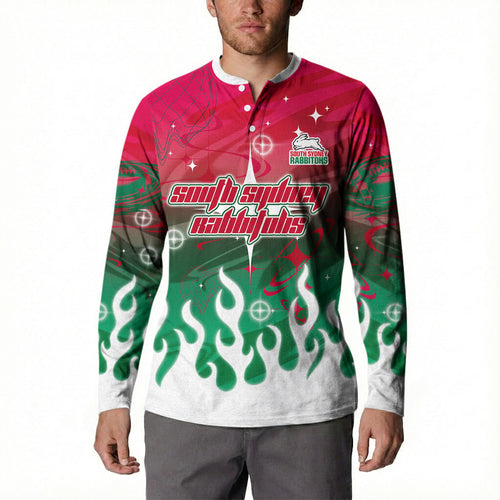 Personalized South Sydney Rabbitohs Button Sweatshirt Y2K Grunge Aesthetic With Cyber Flames and Starburst Graphics