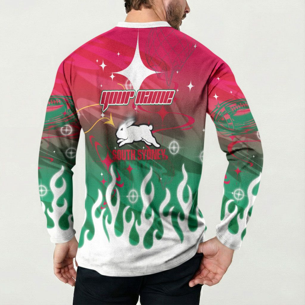 Personalized South Sydney Rabbitohs Button Sweatshirt Y2K Grunge Aesthetic With Cyber Flames and Starburst Graphics