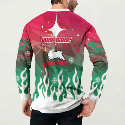 Personalized South Sydney Rabbitohs Button Sweatshirt Y2K Grunge Aesthetic With Cyber Flames and Starburst Graphics