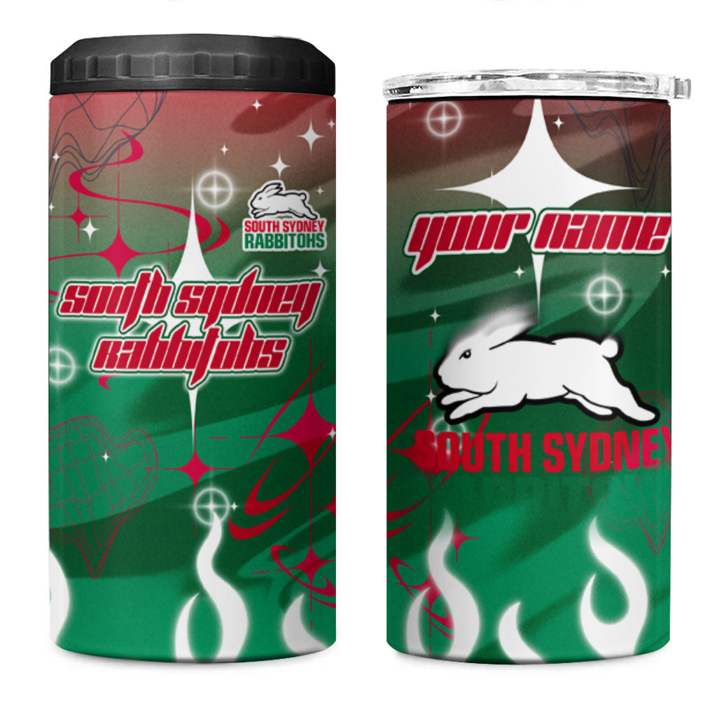 Personalized South Sydney Rabbitohs 4 in 1 Can Cooler Tumbler Y2K Grunge Aesthetic With Cyber Flames and Starburst Graphics