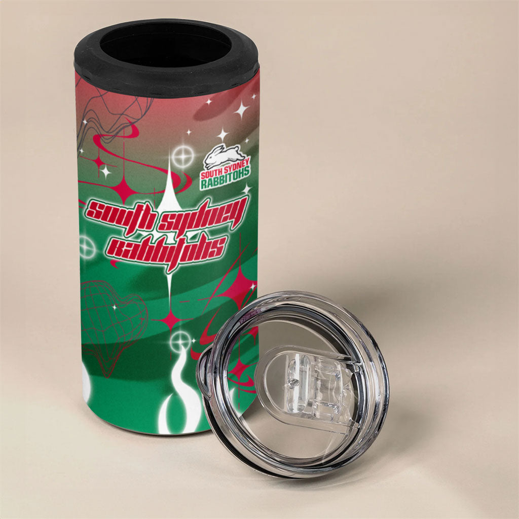 Personalized South Sydney Rabbitohs 4 in 1 Can Cooler Tumbler Y2K Grunge Aesthetic With Cyber Flames and Starburst Graphics