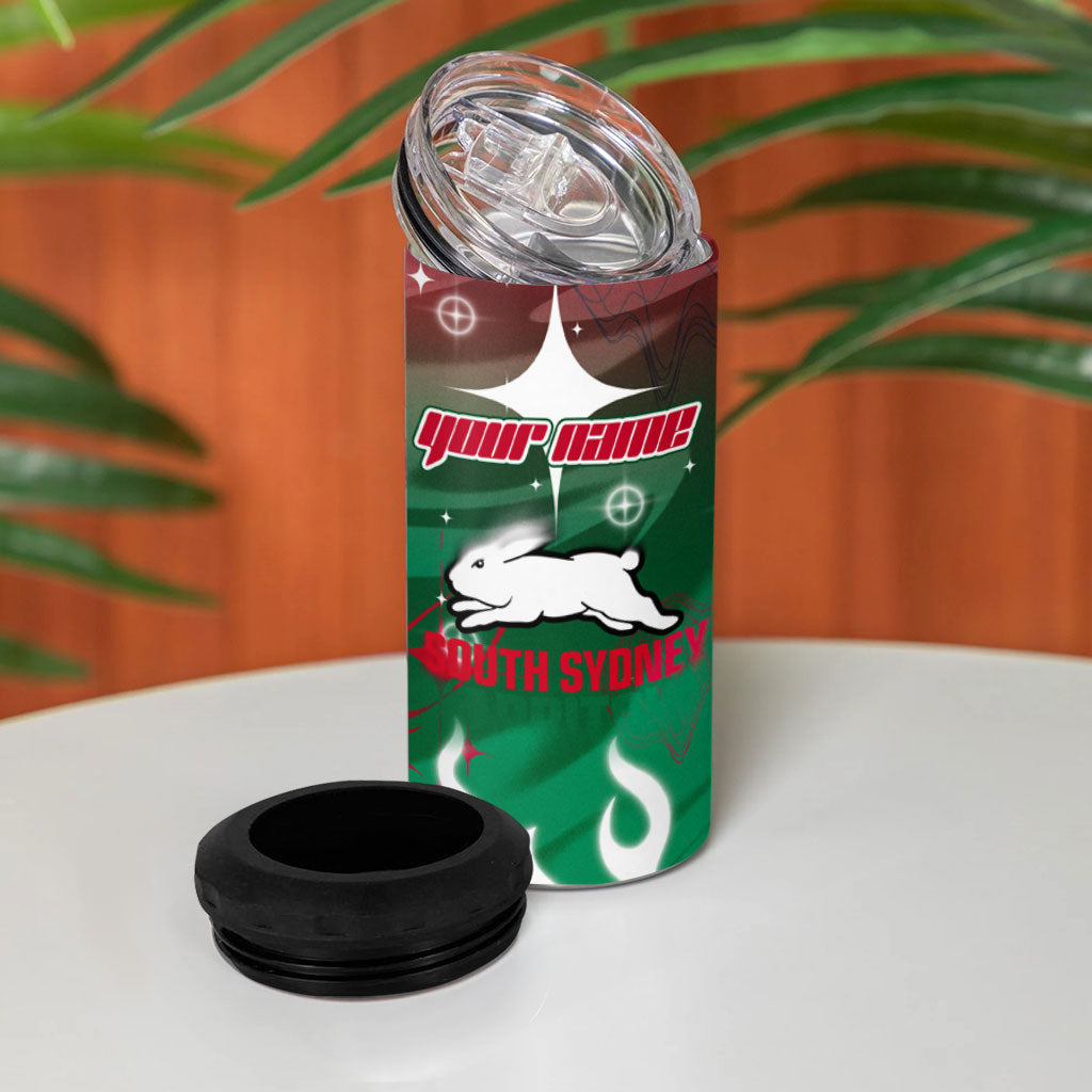 Personalized South Sydney Rabbitohs 4 in 1 Can Cooler Tumbler Y2K Grunge Aesthetic With Cyber Flames and Starburst Graphics