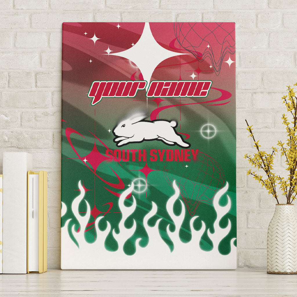 Personalized South Sydney Rabbitohs Canvas Wall Art Y2K Grunge Aesthetic With Cyber Flames and Starburst Graphics