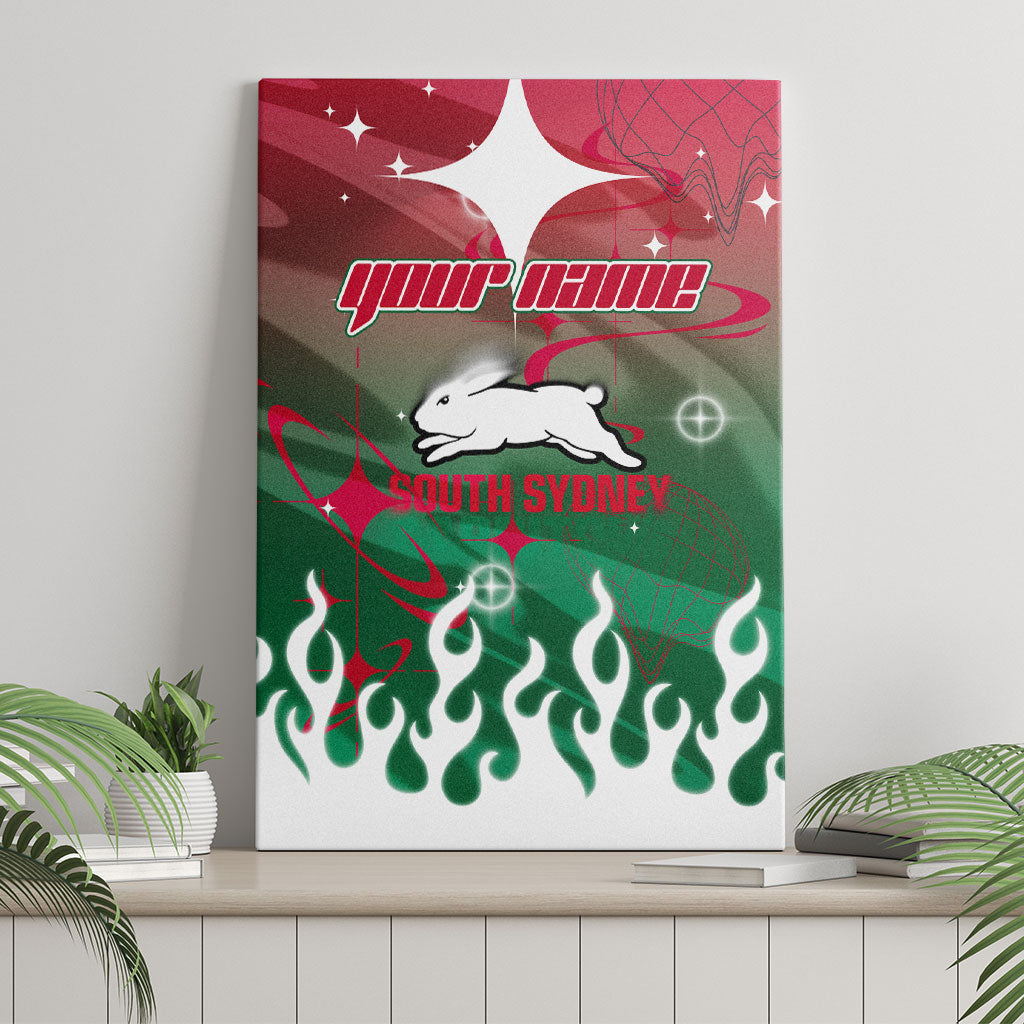 Personalized South Sydney Rabbitohs Canvas Wall Art Y2K Grunge Aesthetic With Cyber Flames and Starburst Graphics