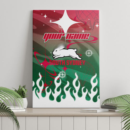 Personalized South Sydney Rabbitohs Canvas Wall Art Y2K Grunge Aesthetic With Cyber Flames and Starburst Graphics