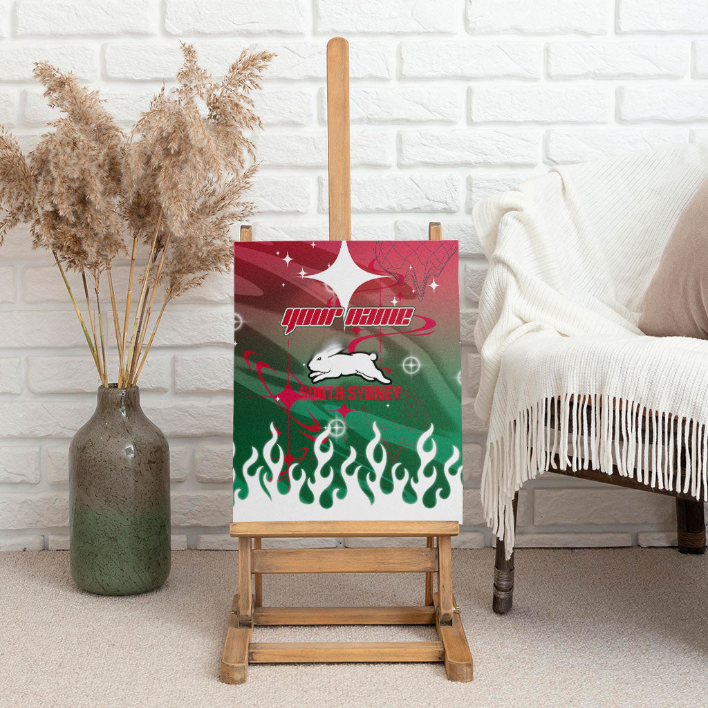 Personalized South Sydney Rabbitohs Canvas Wall Art Y2K Grunge Aesthetic With Cyber Flames and Starburst Graphics