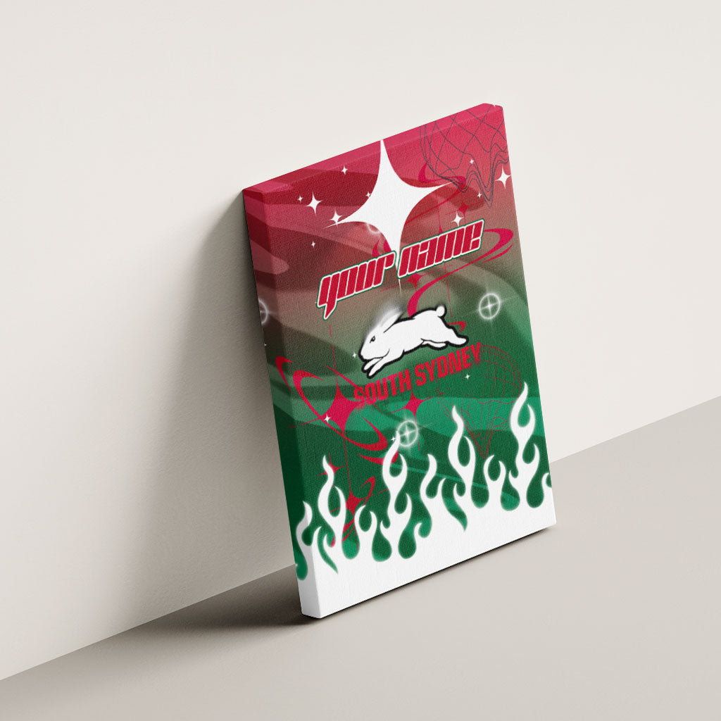 Personalized South Sydney Rabbitohs Canvas Wall Art Y2K Grunge Aesthetic With Cyber Flames and Starburst Graphics