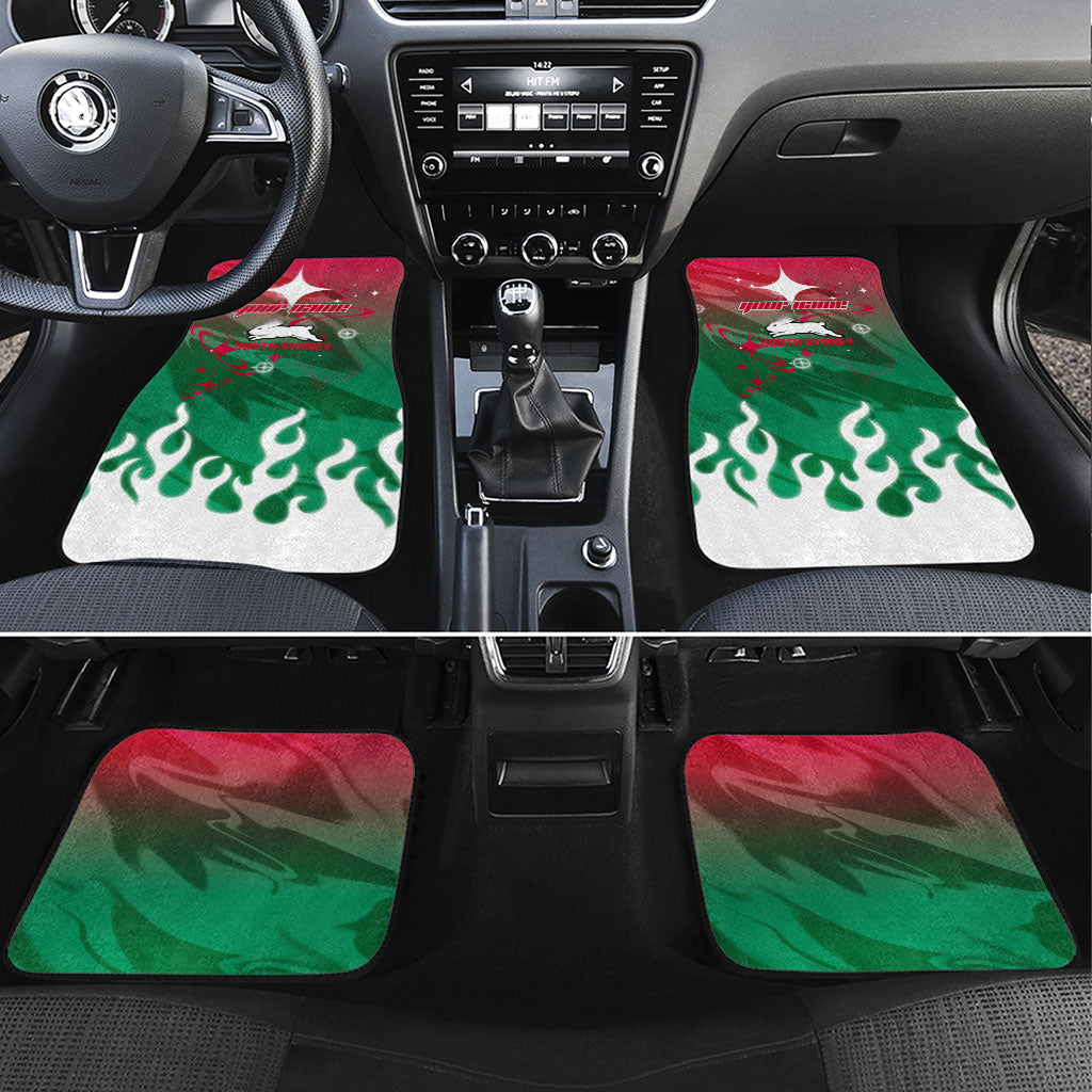 Personalized South Sydney Rabbitohs Car Mats Y2K Grunge Aesthetic With Cyber Flames and Starburst Graphics