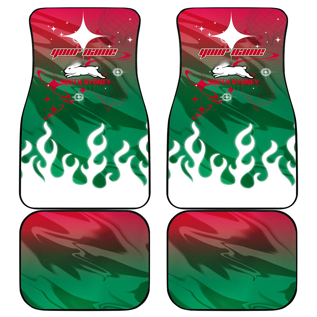 Personalized South Sydney Rabbitohs Car Mats Y2K Grunge Aesthetic With Cyber Flames and Starburst Graphics