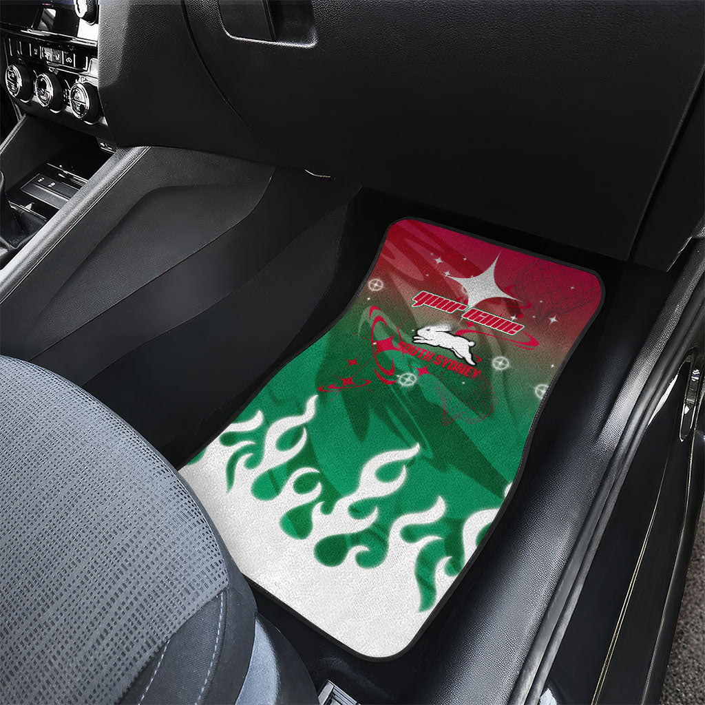 Personalized South Sydney Rabbitohs Car Mats Y2K Grunge Aesthetic With Cyber Flames and Starburst Graphics