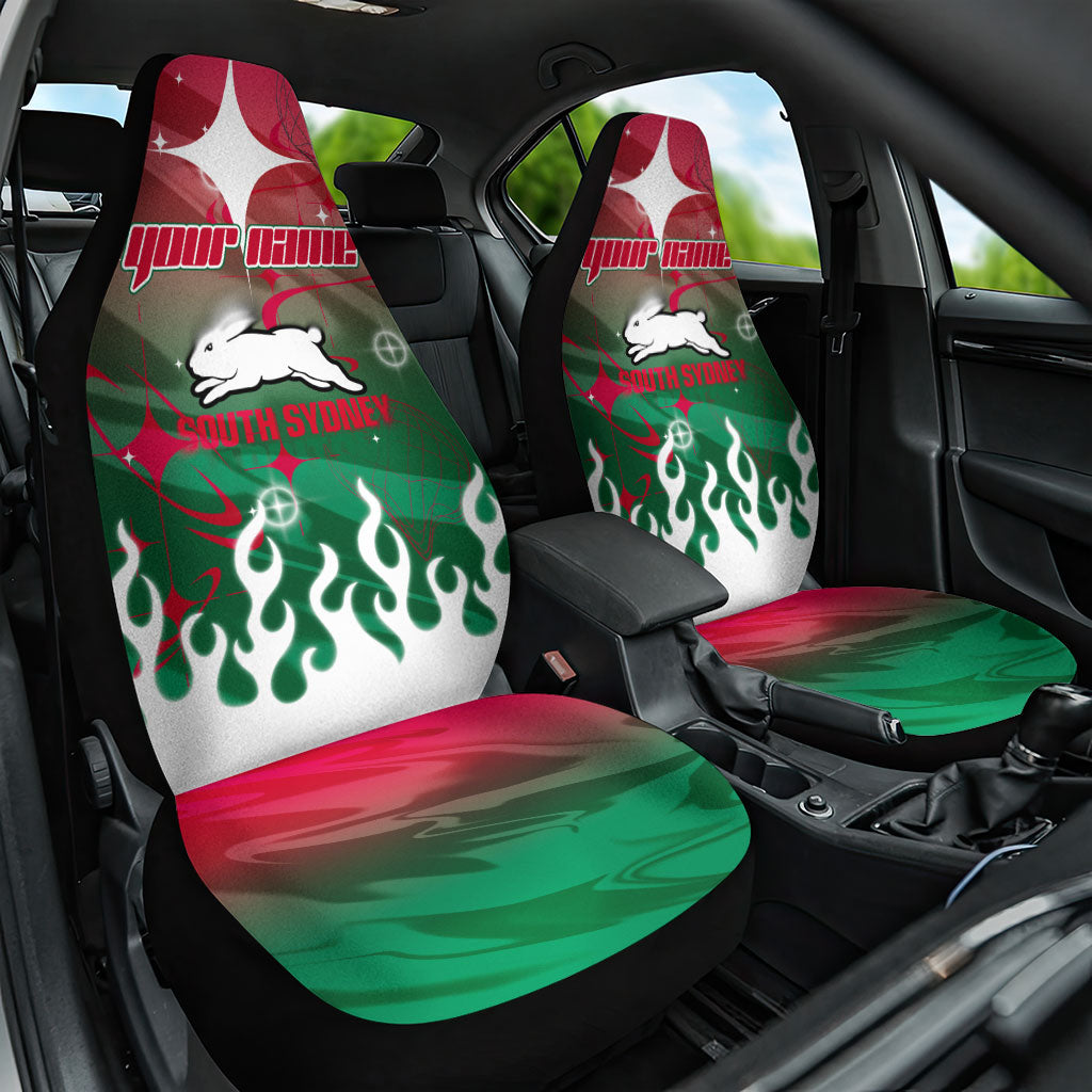 Personalized South Sydney Rabbitohs Car Seat Cover Y2K Grunge Aesthetic With Cyber Flames and Starburst Graphics