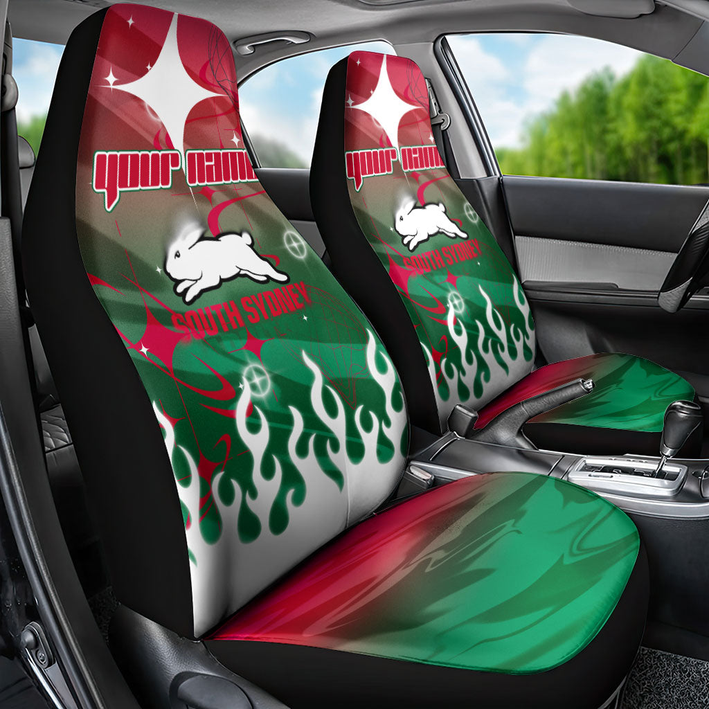Personalized South Sydney Rabbitohs Car Seat Cover Y2K Grunge Aesthetic With Cyber Flames and Starburst Graphics