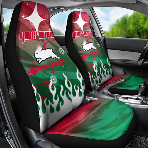 Personalized South Sydney Rabbitohs Car Seat Cover Y2K Grunge Aesthetic With Cyber Flames and Starburst Graphics
