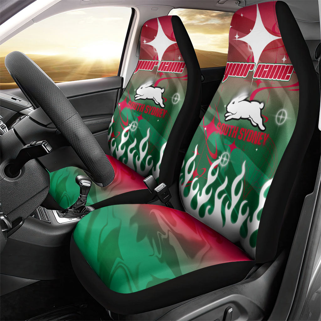 Personalized South Sydney Rabbitohs Car Seat Cover Y2K Grunge Aesthetic With Cyber Flames and Starburst Graphics